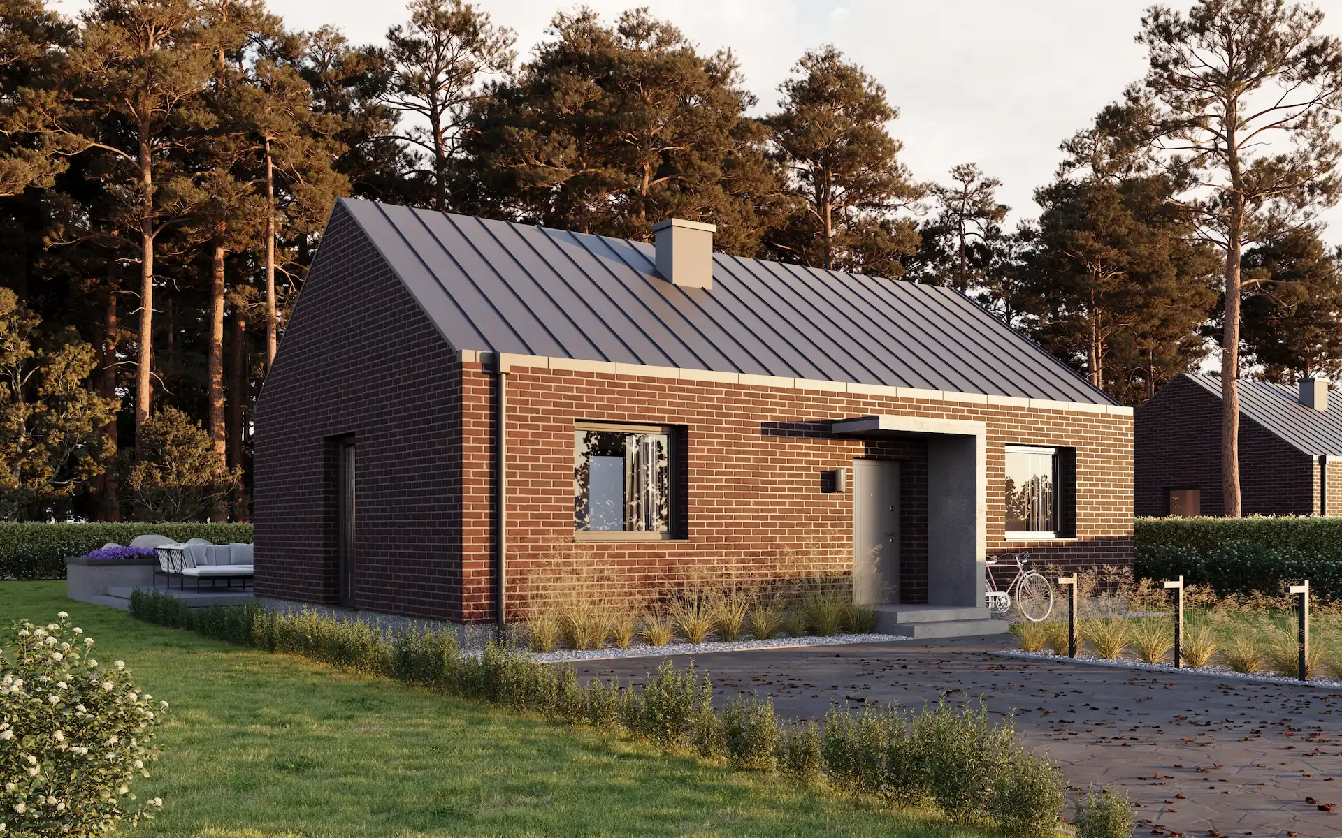 Visualization of single-story modern brick house with a slanted metal roof, surrounded by trees and green lawn.