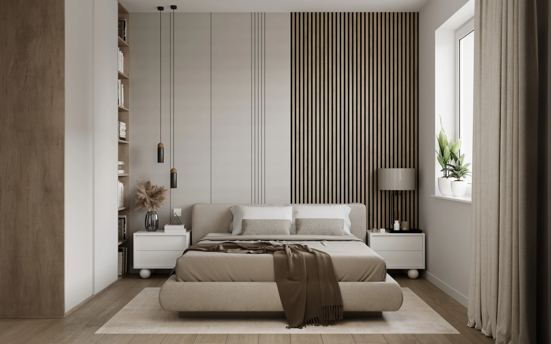 Visualization of modern bedroom with beige upholstered bed, brown throw, matching pillows, white nightstands, hanging pendant lights, and wood accent wall.