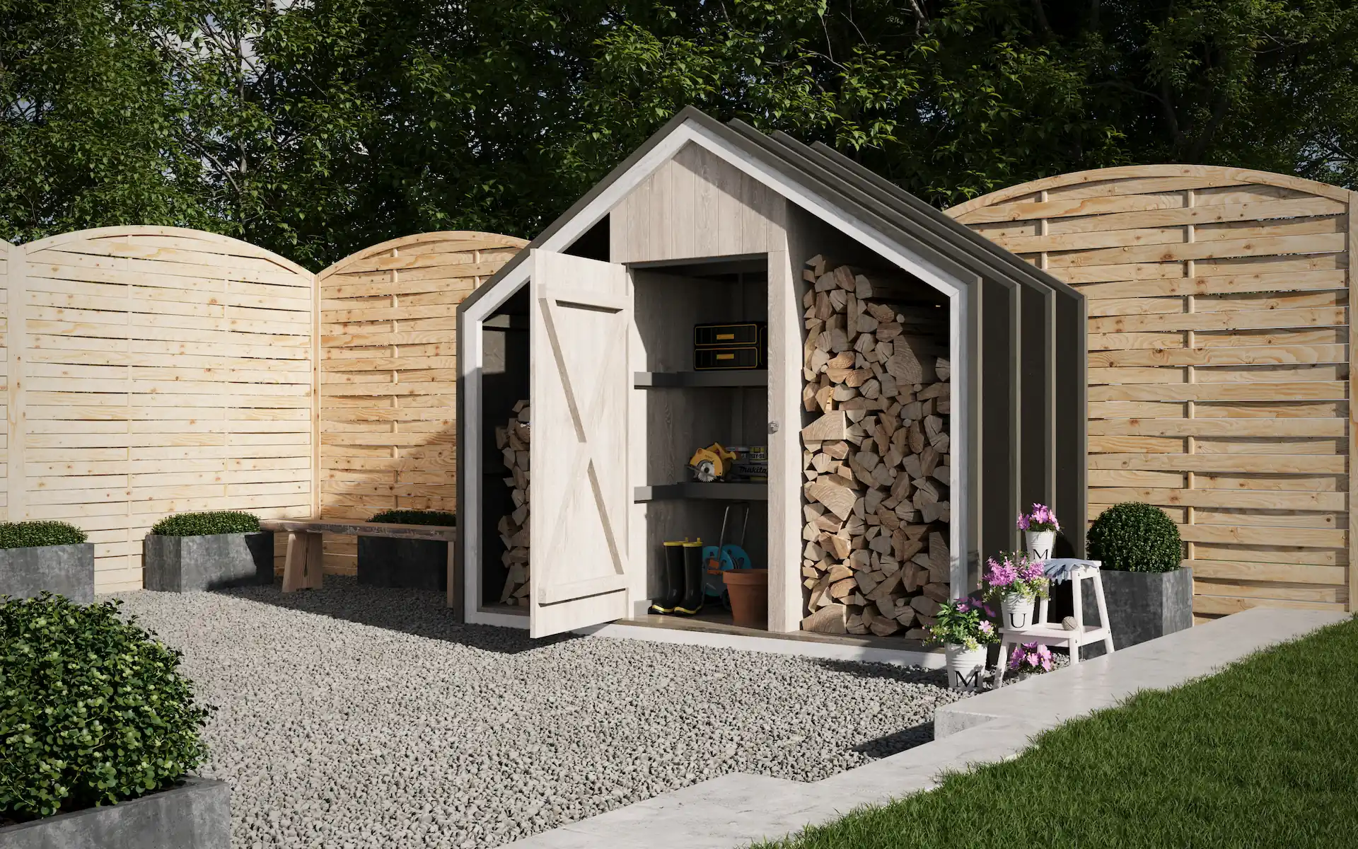 Visualization of garden storage sheds with stacked firewood inside and gardening tools visible through the open door, surrounded by gravel ground, potted plants, wooden fence, and green lawn.