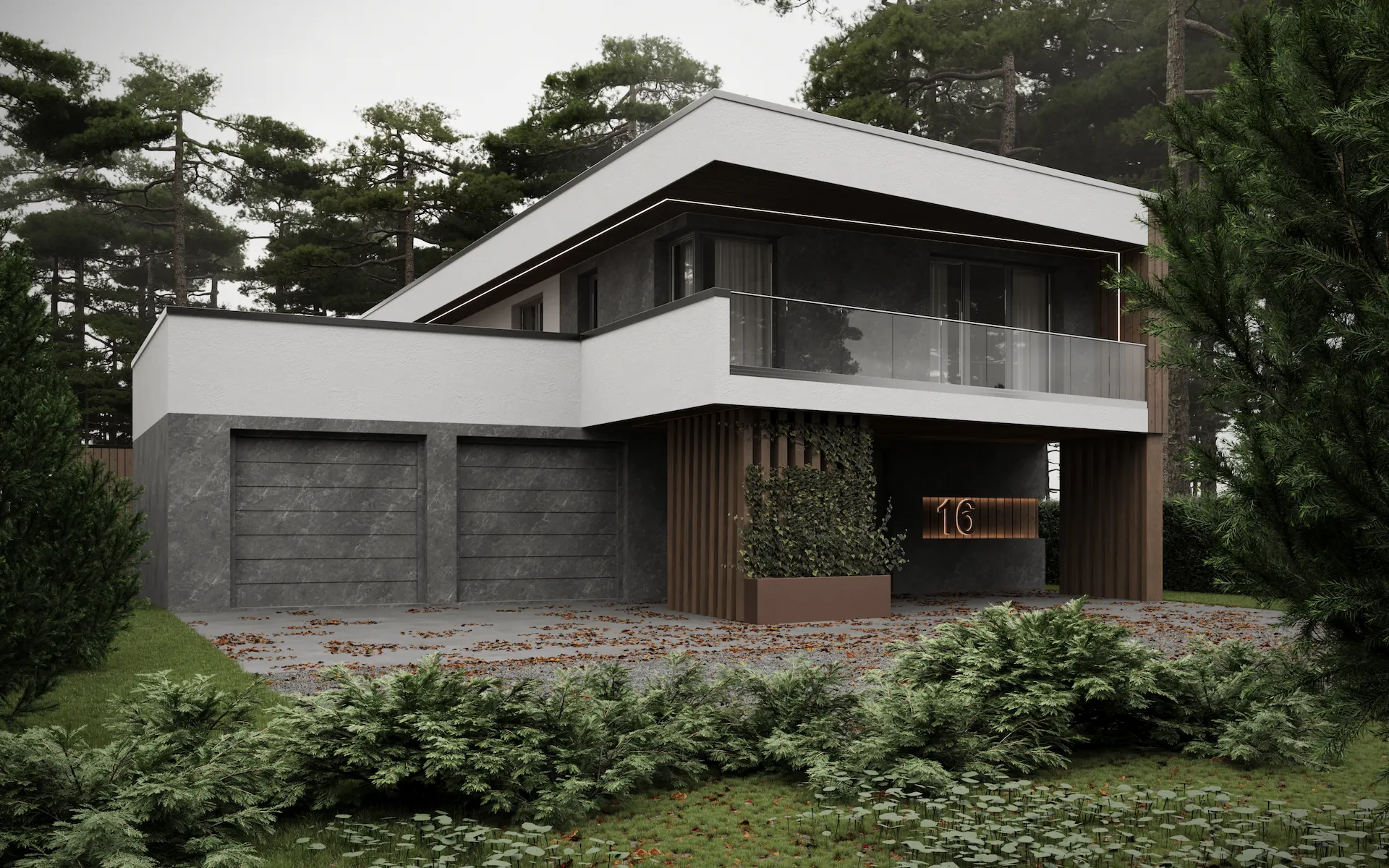 Visualization of modern two-story house with white and gray exterior, a double garage, glass balcony, and greenery in the foreground.