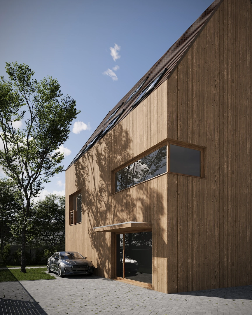 Visualization of modern wooden house with large corner windows and a dark gray car parked on a paved driveway, surrounded by trees and clear blue sky.