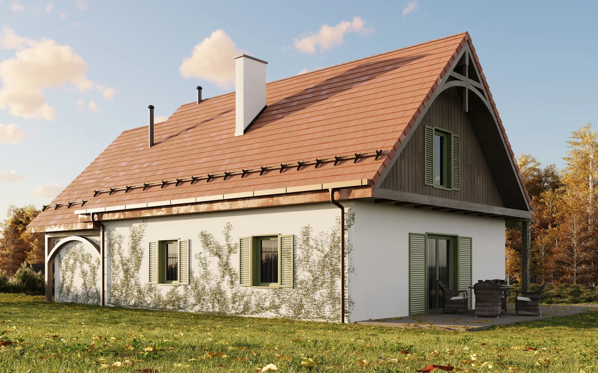 Visualization of house with a large sloped red tile roof, white walls, green window shutters, and a patio with outdoor furniture surrounded by grass and autumn trees.