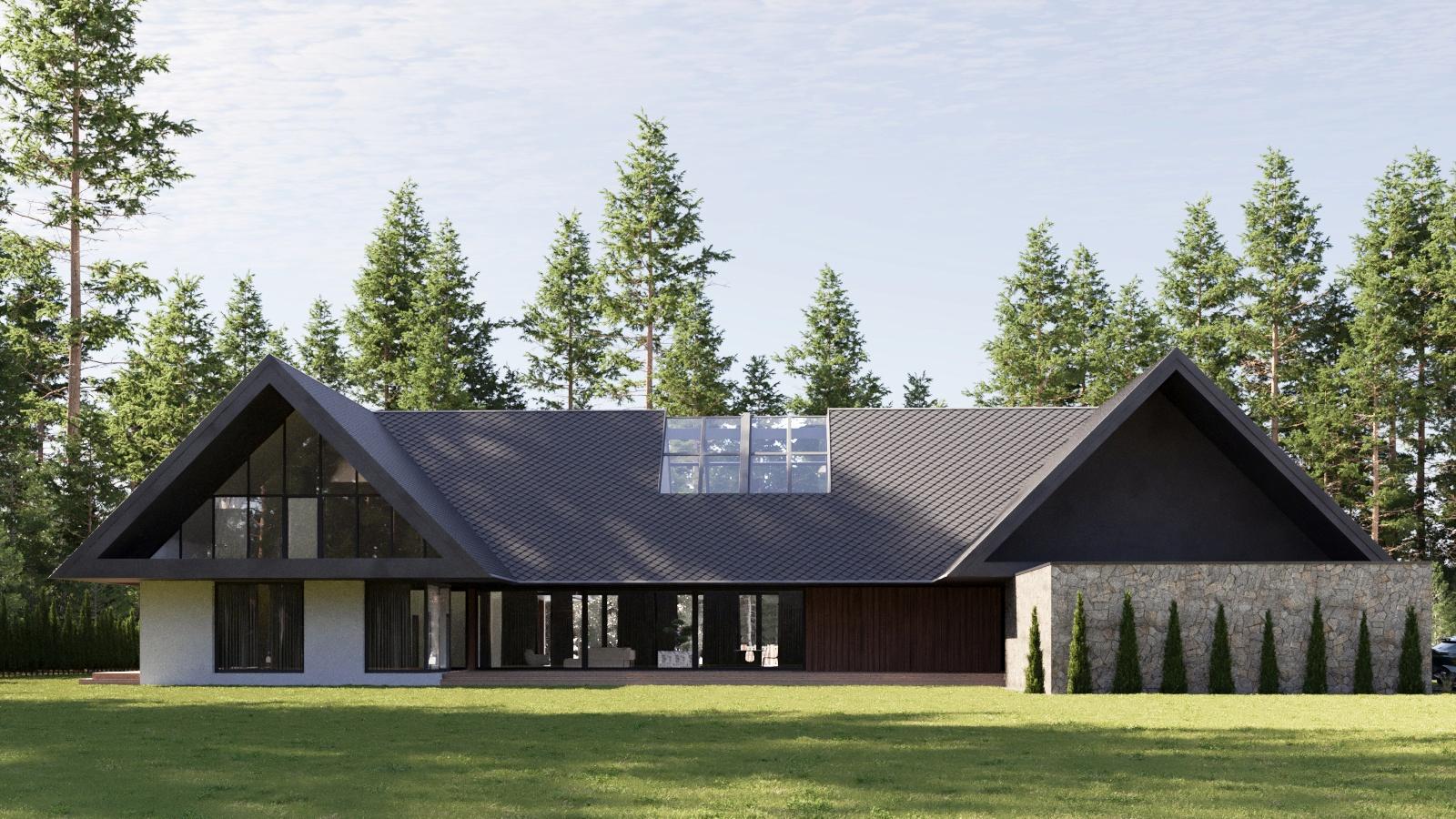 Visualization of modern single-story house with dark steep pitched roofs, large glass windows, stone wall section, and surrounded by green lawn and tall pine trees.