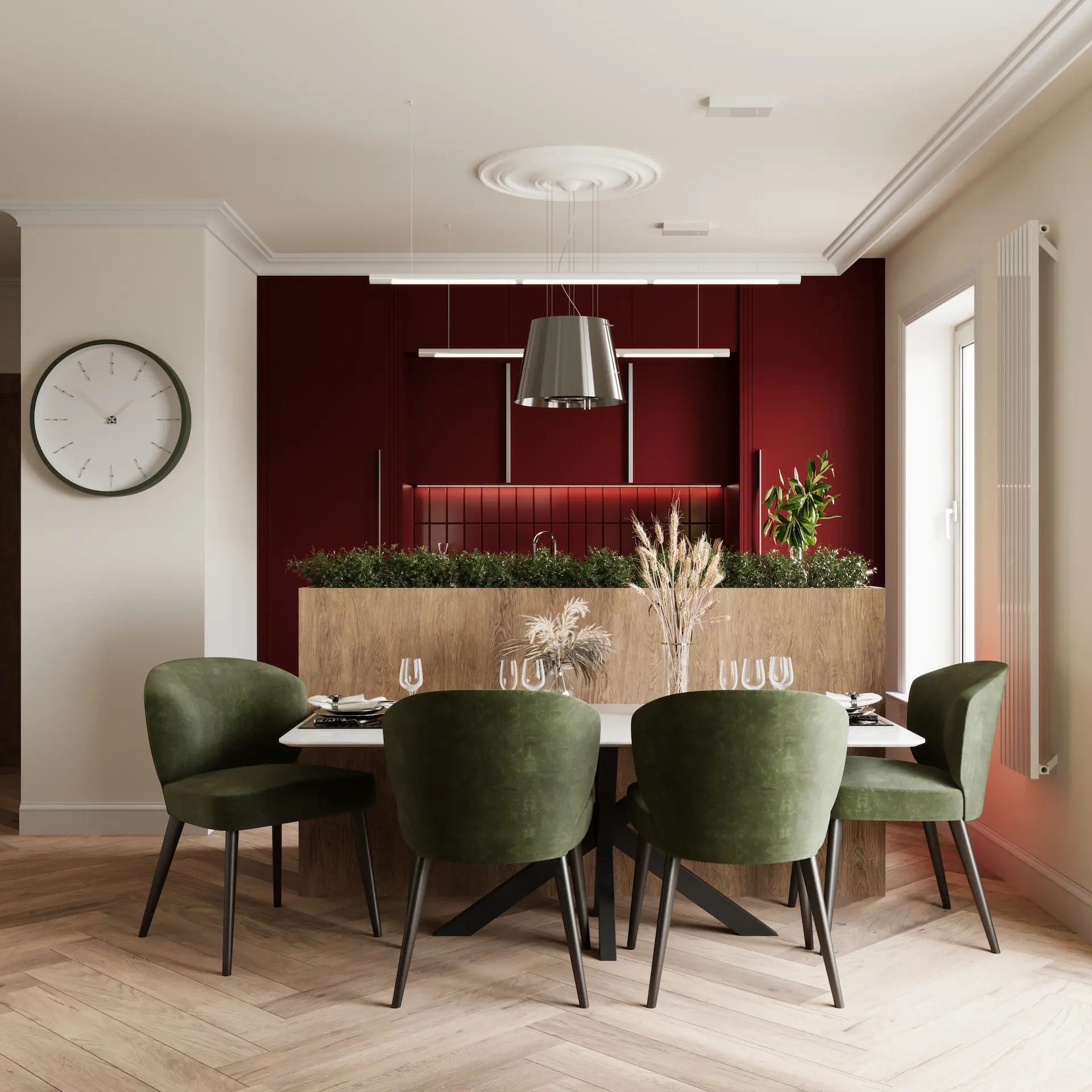 Visualization of modern dining area with green upholstered chairs around a white table, wooden floor, and a kitchen with dark red cabinets in the background.