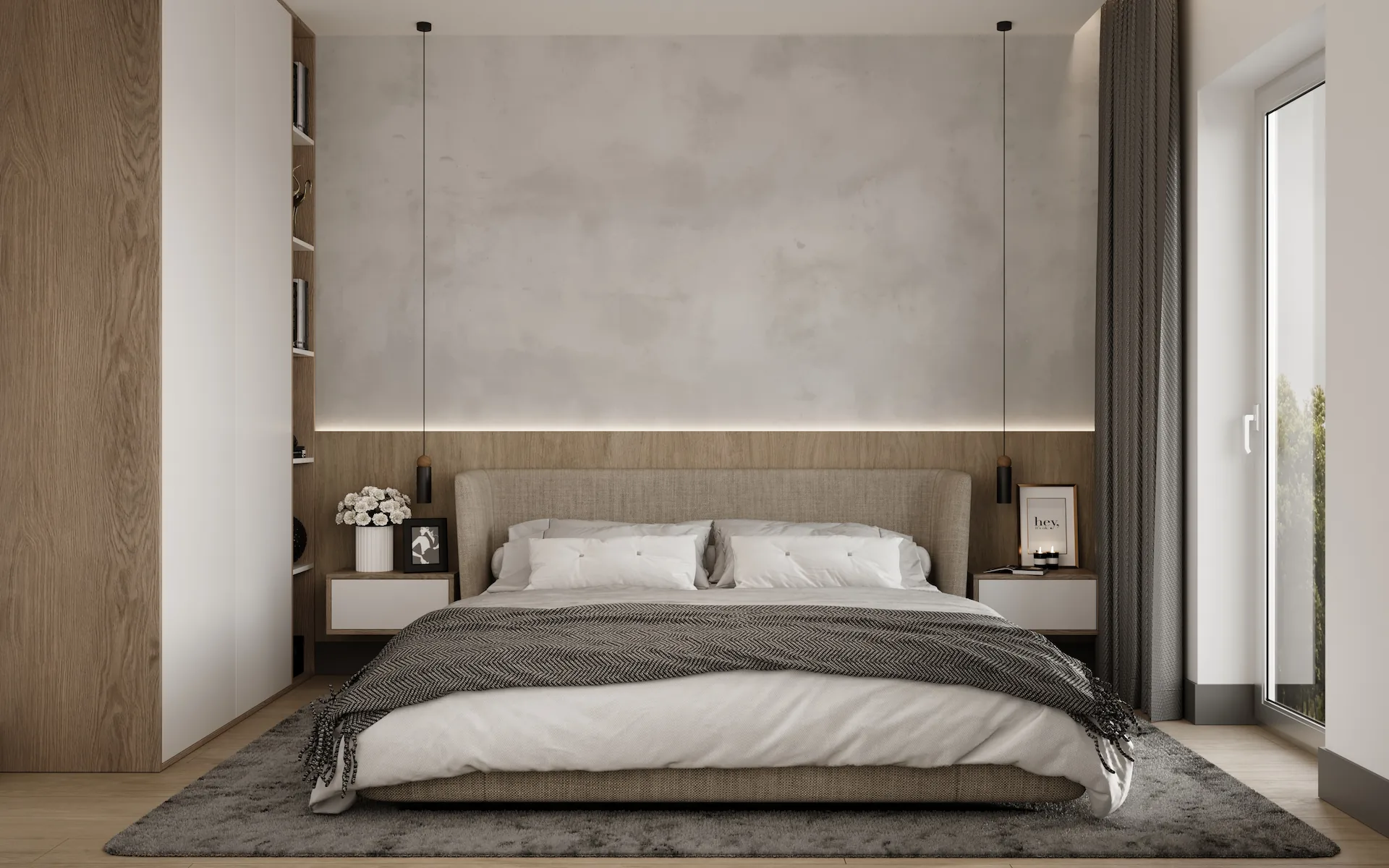 Visualization of modern bedroom with a beige upholstered bed, white bedding, gray throw blanket, hanging pendant lights, wooden side tables, and a large window with curtains.