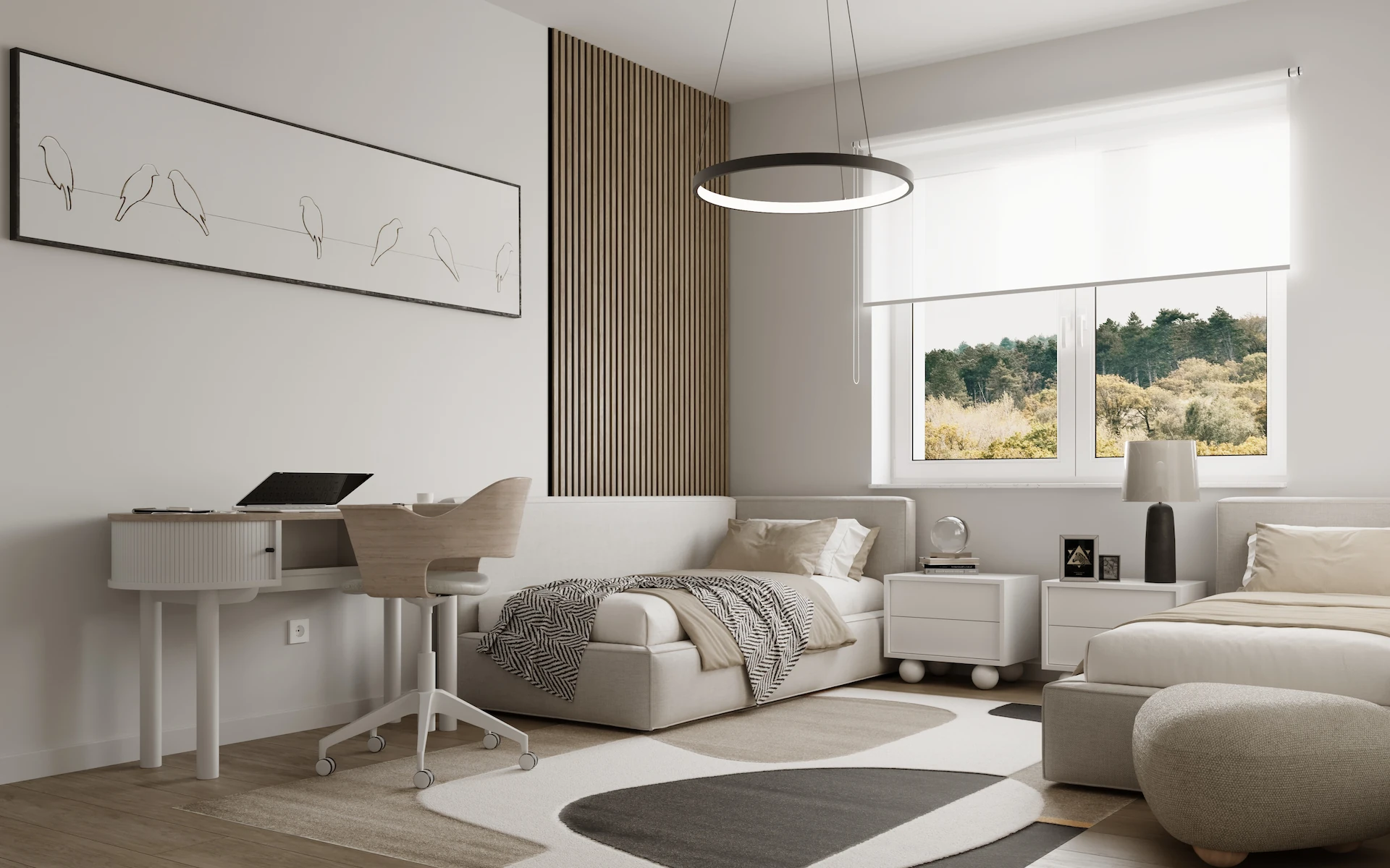 Visualization of modern bedroom with two beds, a desk with a wooden chair, a large window with a view of trees, and minimalist wall art featuring birds.