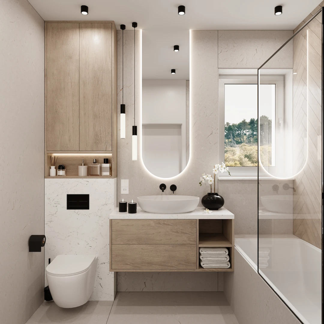 Visualization of modern bathroom with wall-mounted toilet, wood and marble vanity with round vessel sink, illuminated mirror, and glass-enclosed bathtub under window.