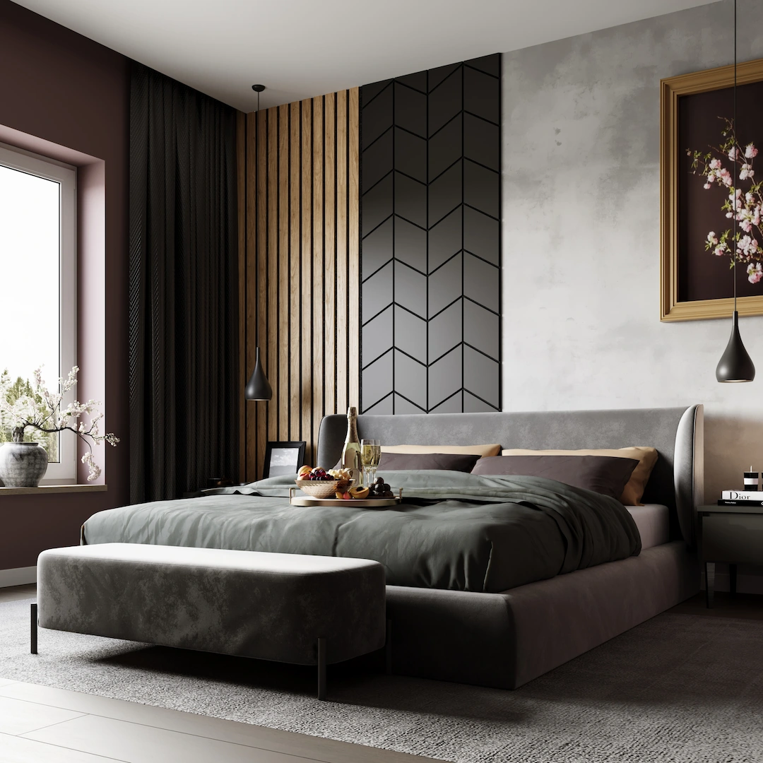 Visualization of modern bedroom with a gray upholstered bed, green bedding, wooden slat wall, black geometric panel, and pendant lights.