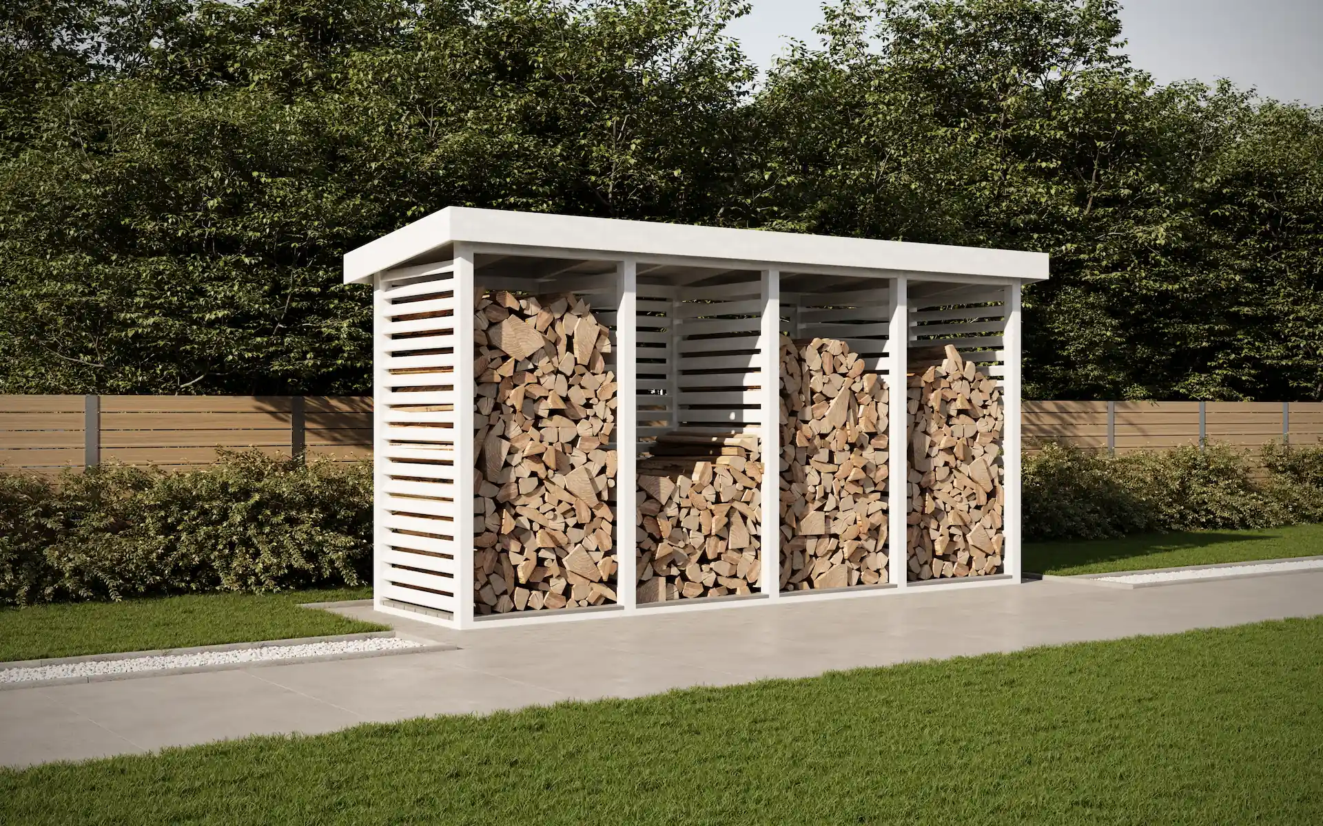 Visualization of modern white wooden firewood storage shed with four compartments filled with stacked firewood, set on a paved area next to a green lawn and garden.