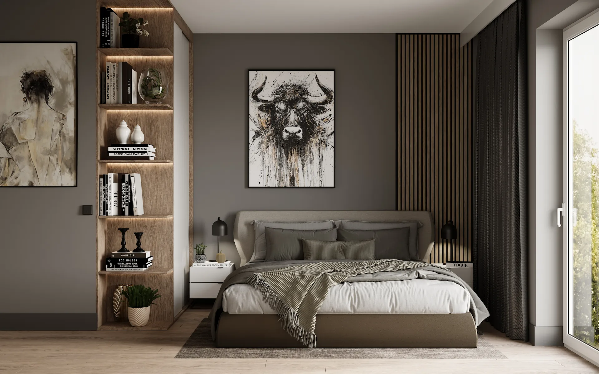 Visualization of modern bedroom with a large bed, gray and brown bedding, a wood-paneled wall, built-in bookshelves with books and decor, and a framed abstract buffalo painting above the bed.