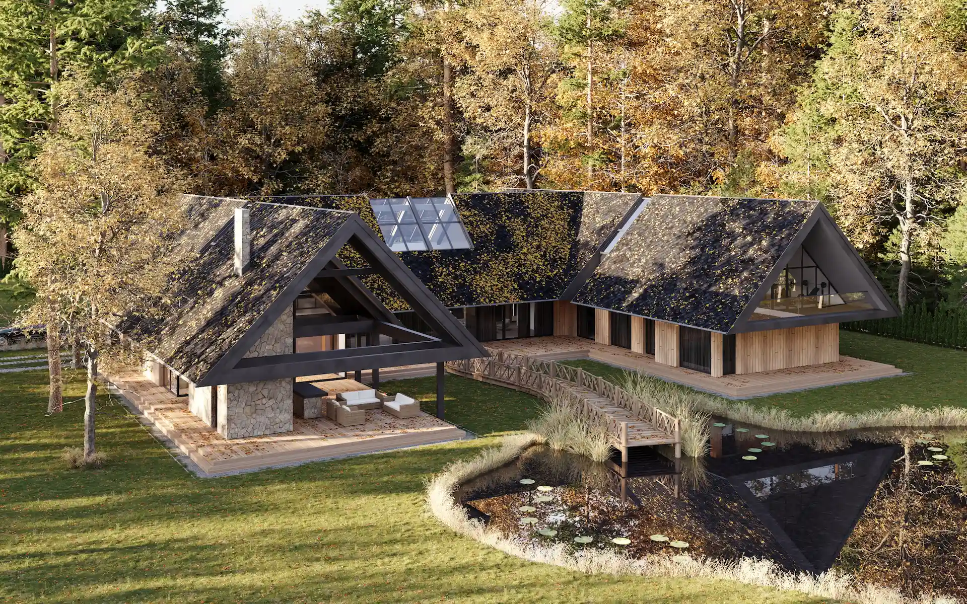 Visualization of modern wooden house with large slanted roofs and outdoor seating area, surrounded by autumn trees and a small pond with a wooden bridge.