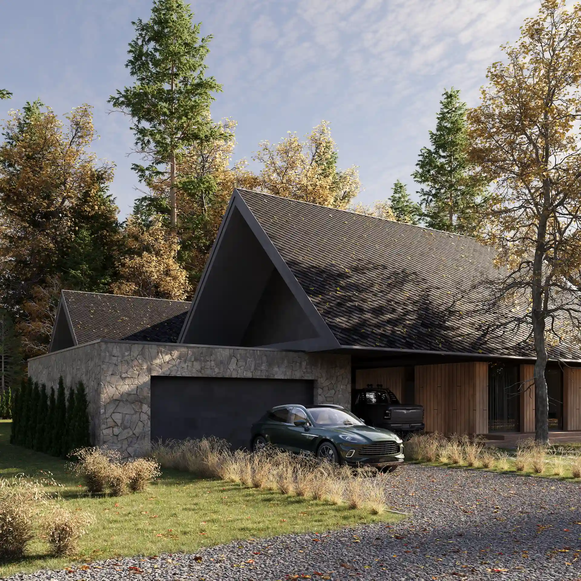 Modern house with steep black roof, stone garage, two cars parked outside, surrounded by trees with autumn foliage.