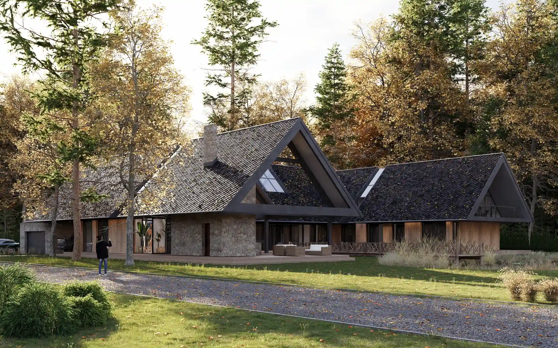 Visualization of modern house with large triangular roof sections, stone and wood exterior, surrounded by autumn trees and a gravel driveway.