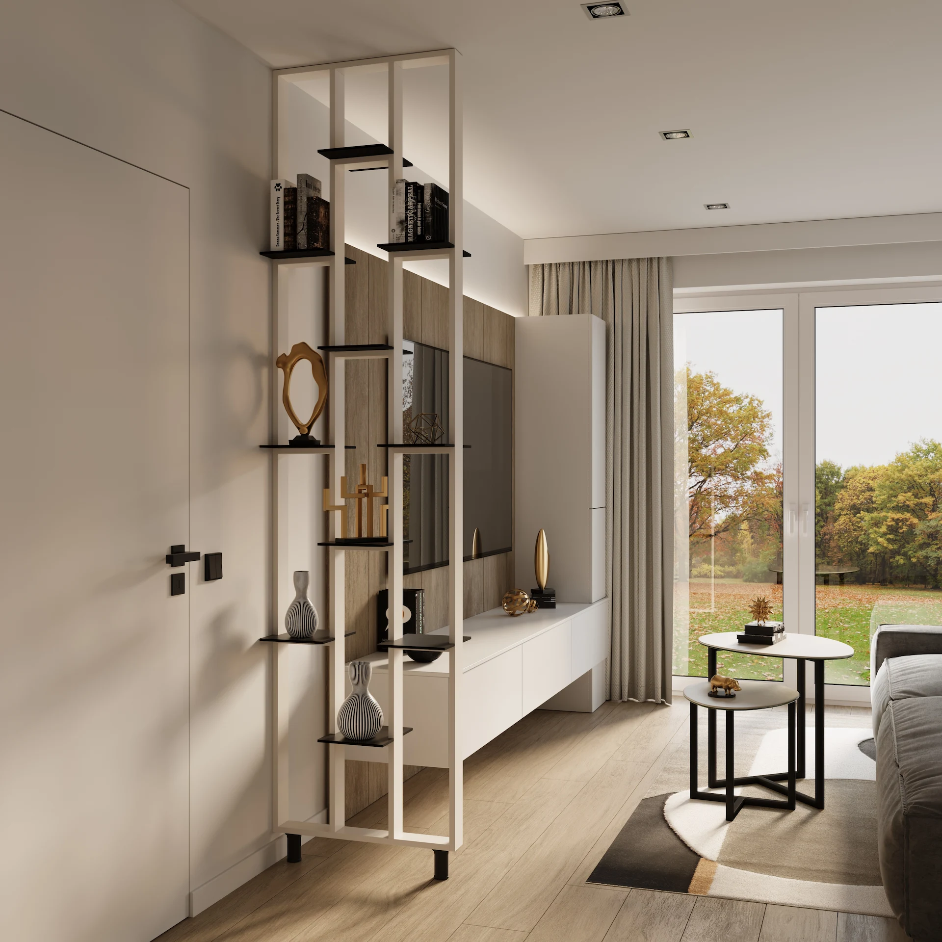 Modern living room with light wooden floor, white shelving unit with decorative items, large window showing autumn trees, and nested coffee tables on a patterned rug.