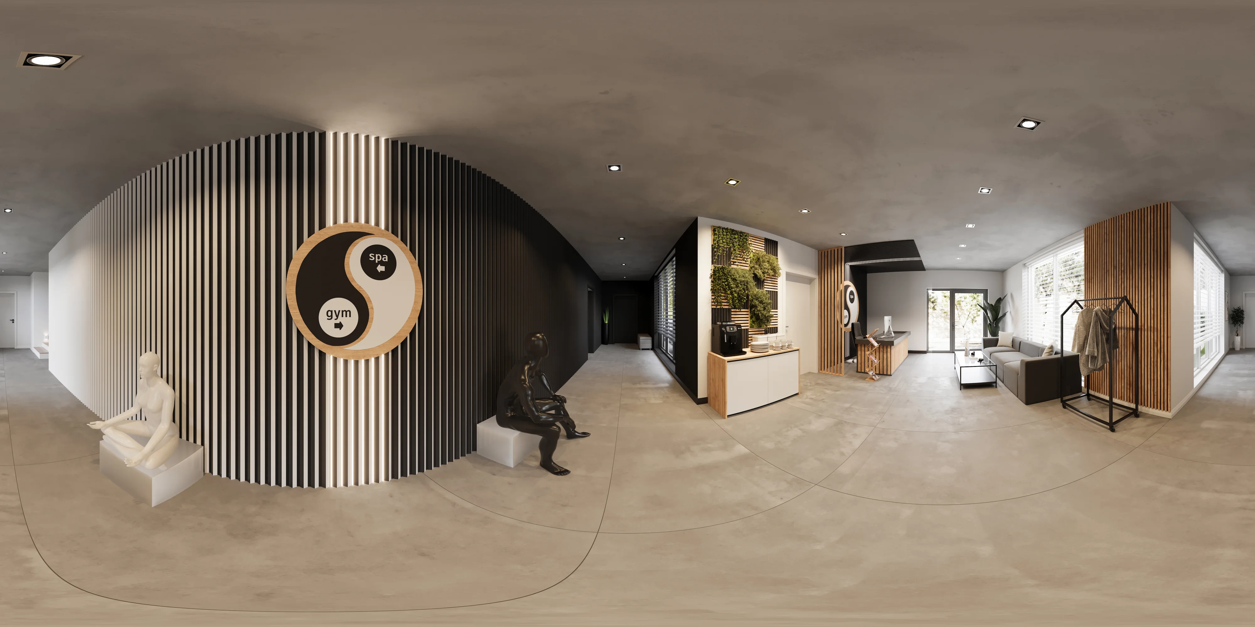 Modern spa and gym reception area with yin-yang wall art, seating sculptures, a coffee station, and a lounge with large windows.