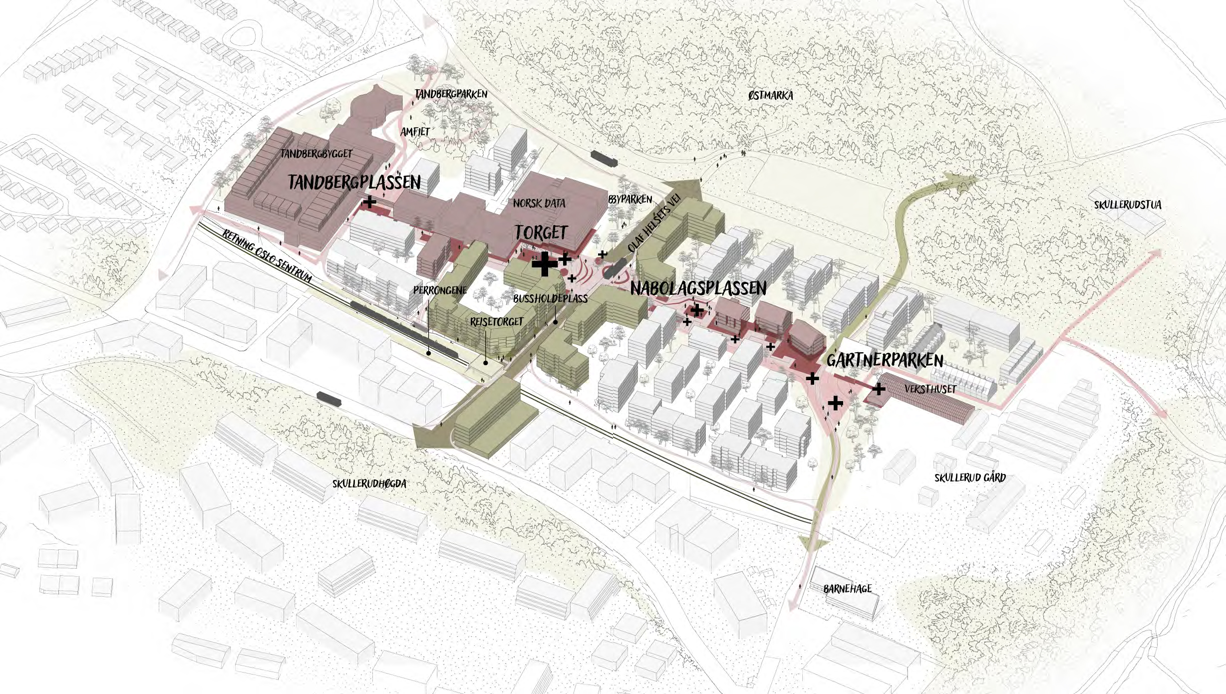 Hovedgrepet for Skullerudbyen er å ta utgangspunkt i de viktigste kvalitetene til stedet – tilgangen til Østmarka, tilgangen til Oslo og «Skullerudeventyret» som eksisterende bygg forteller. Disse tre kvalitetene bindes sammen i form av to hovedakser – Bygaten og Nabolagsplassene.