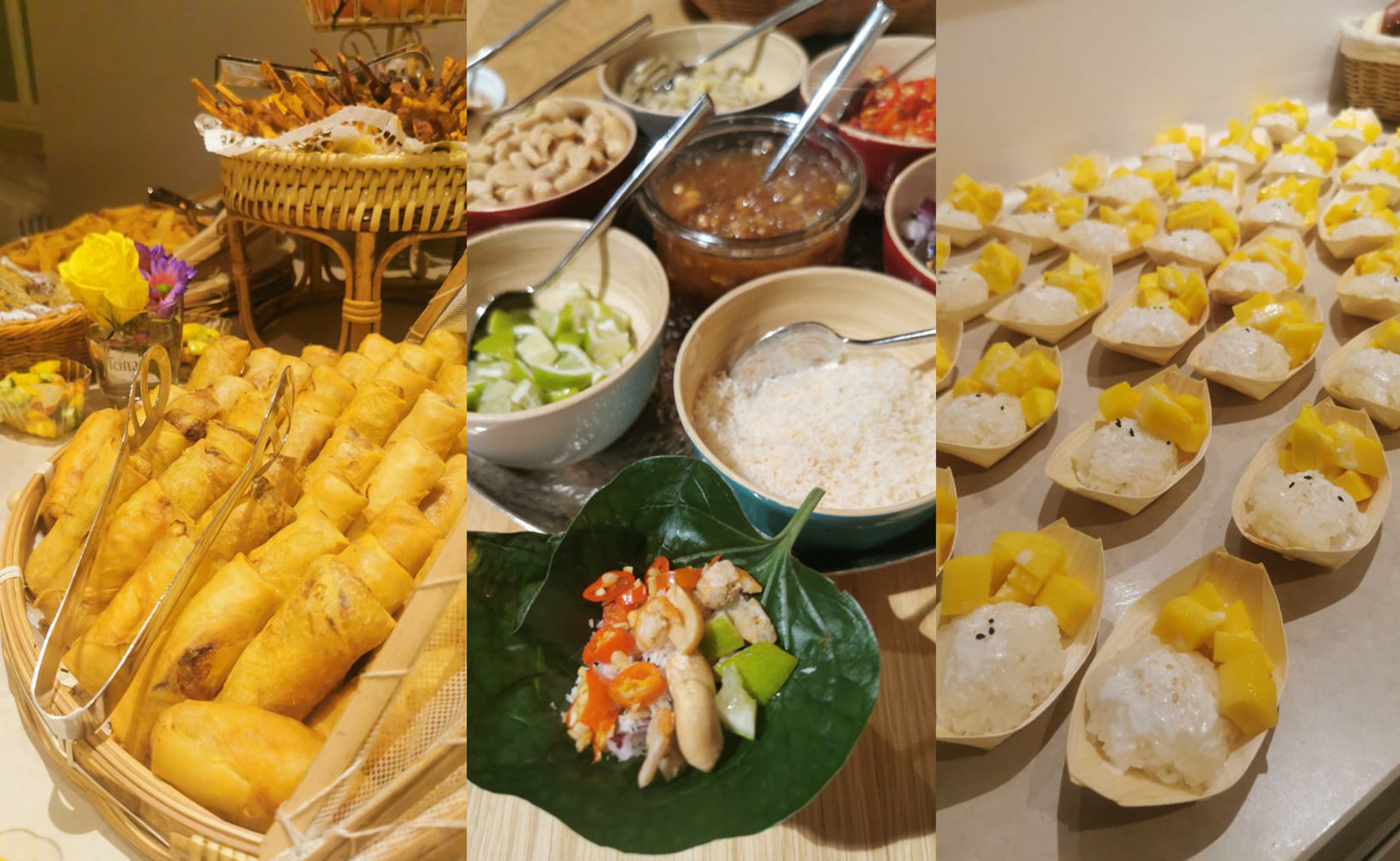 Drei Bilder: links ein Korb mit Frühlingsrollen und Blumen, Mitte ein Betelblatt mit Gewürzen und Nüssen sowie Schälchen mit Zutaten, rechts mehrere Portionen Klebreis mit Mango in kleinen Holzschalen.