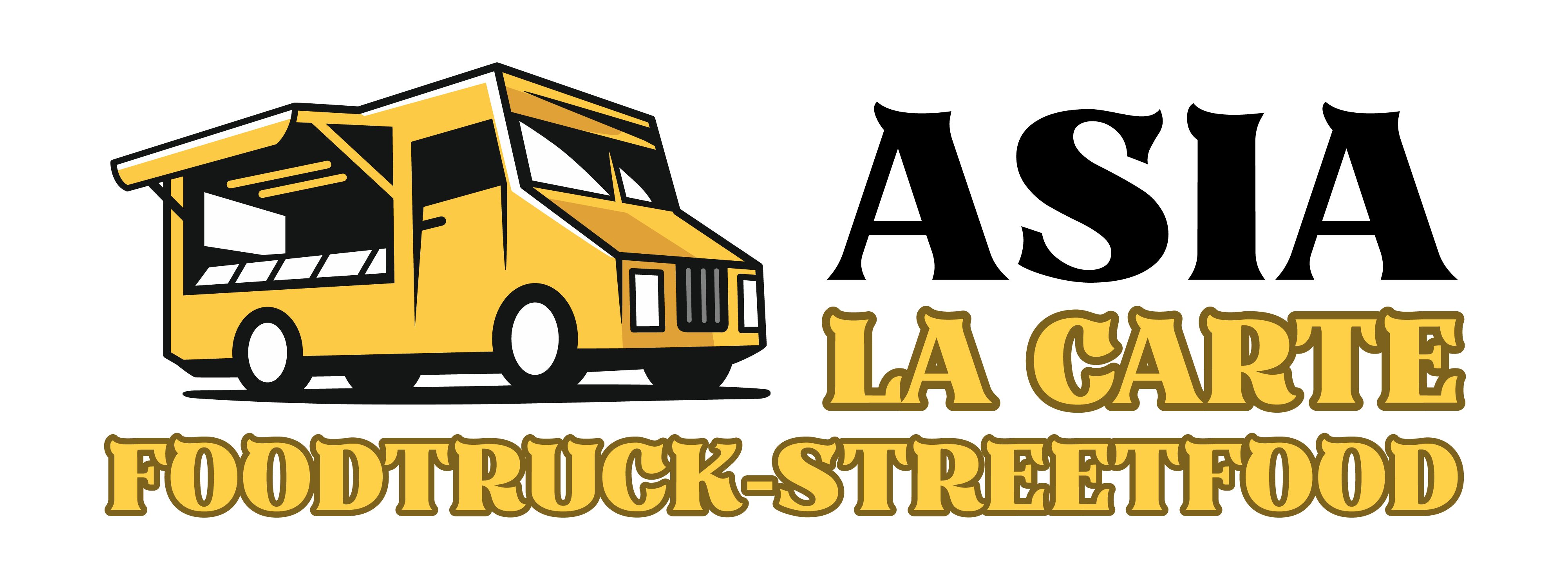 Gelber Foodtruck neben dem Text „La Carte Foodtruck-Streetfood“ in gelber Schrift.