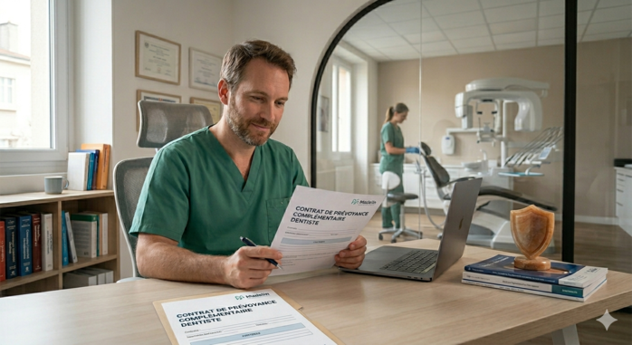 Dentiste en cabinet étudiant un contrat de prévoyance et retraite avec ordinateur portable