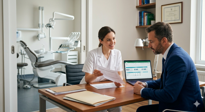 Chirurgienne-dentiste en rendez-vous de conseil avec un expert pour son assurance RCP obligatoire