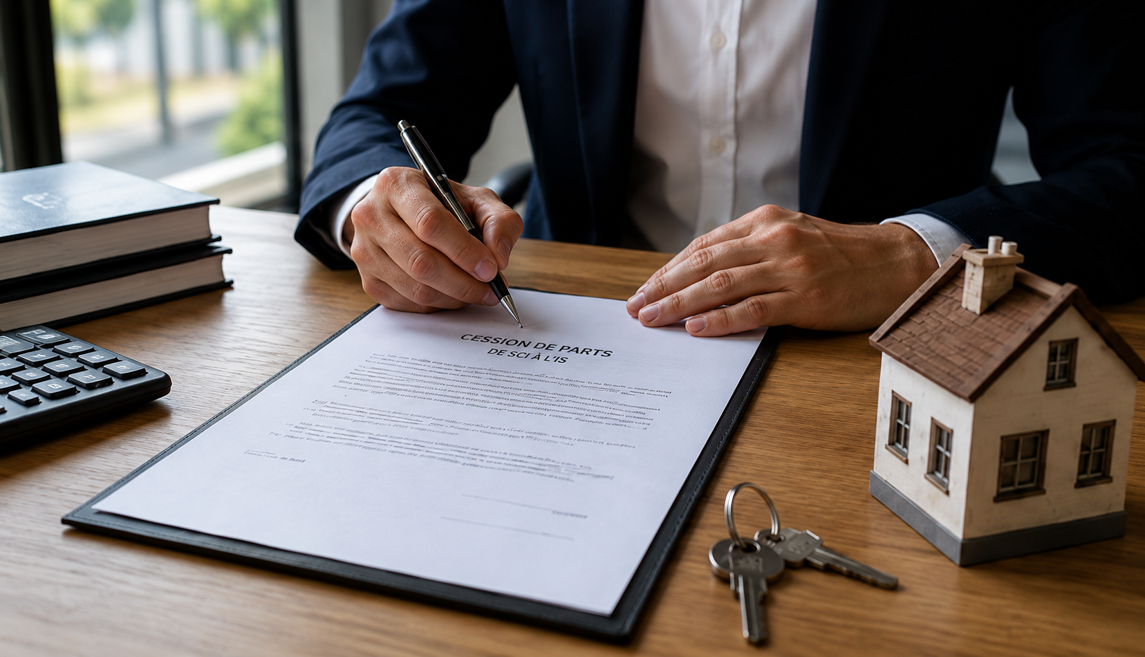 Illustration d’une cession de parts de SCI à l’IS en 2026 avec signature d’acte, immobilier et fiscalité patrimoniale