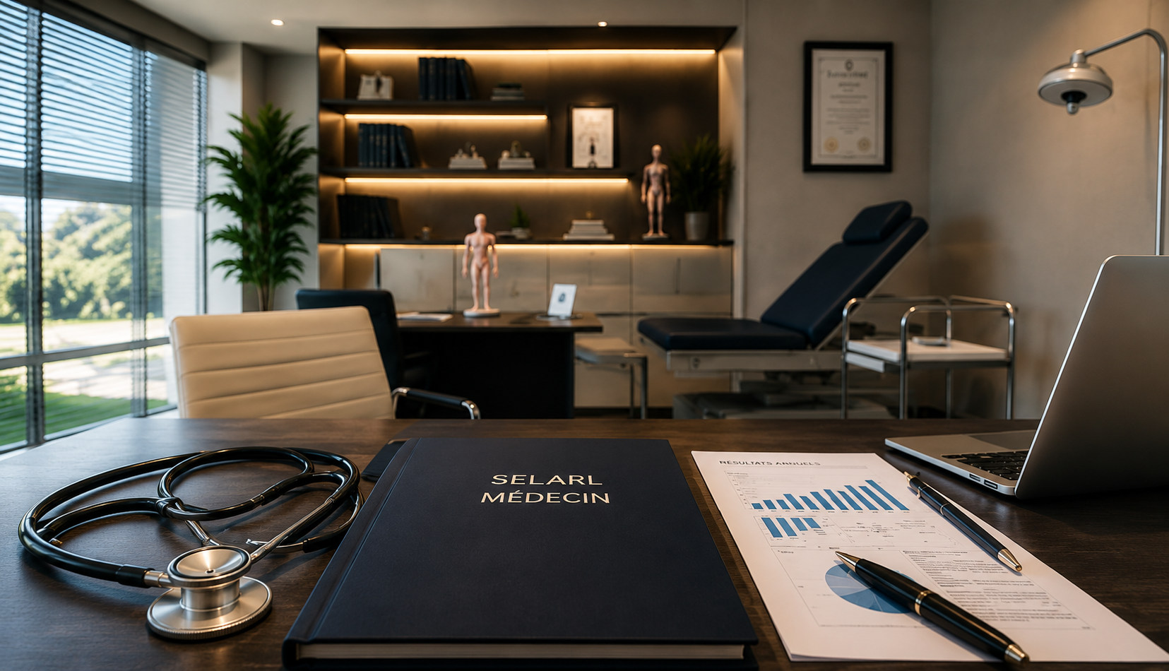 Cabinet médical moderne avec dossier SELARL médecin, stéthoscope et documents de stratégie patrimoniale sur un bureau