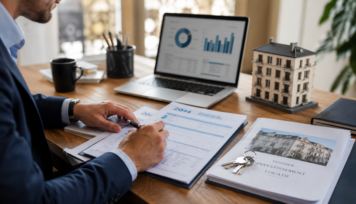 Investisseur immobilier analysant une déclaration 2044 de revenus fonciers au réel dans un bureau moderne avec ordinateur portable et dossier d'investissement locatif.