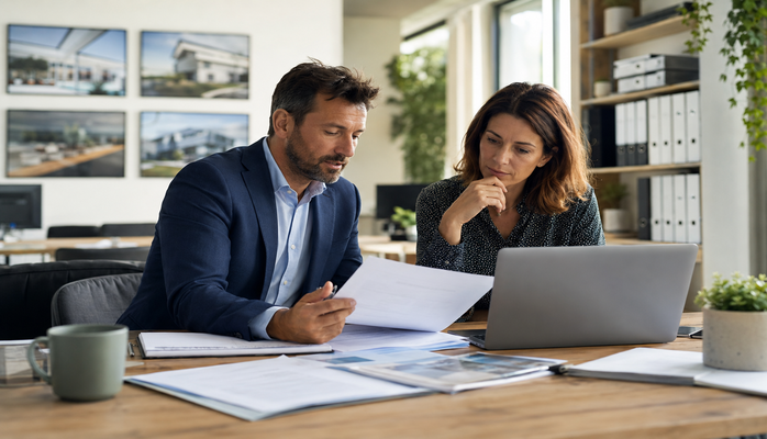 Dirigeante d’agence immobilière et expert-comptable examinant les comptes de l’agence