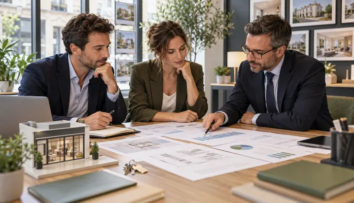 Dirigeants d’agence immobilière construisant leur prévisionnel financier avec l'expert comptable