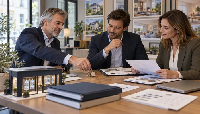 Entrepreneur et conseils préparant la reprise d’une agence immobilière