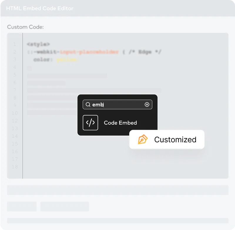 HTML embed code editor interface with dark theme showing CSS styling code for webkit input placeholder with yellow color highlighting and code embed dialog box