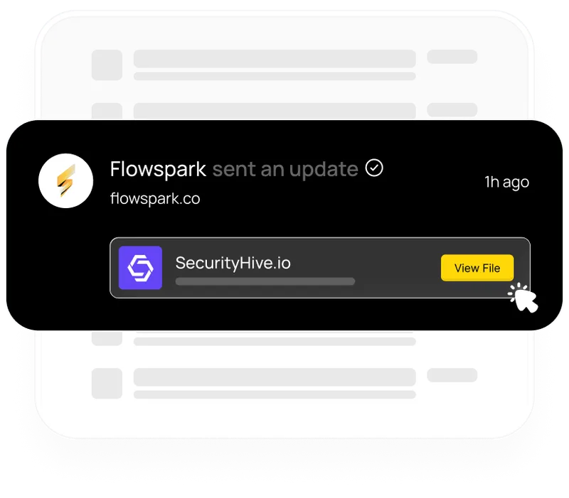 Flowspark project update notification showing SecurityHive.io file sharing with yellow view file button and timestamp