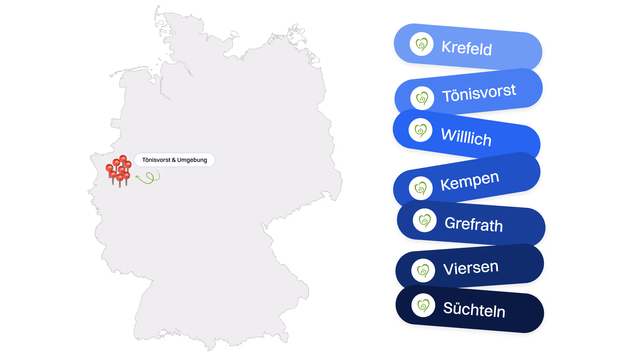 Ein Bild, auf dem sich auf der linken Seite der Umriss Deutschland befindet, wobei die Einsatzorte von Pflege Bella mit einem "Pin"-Symbol markiert sind, mit einem Hinweis "Tönisvorst & Umgebung". Auf der rechten Seite werden untereinander die Einsatzorte (Städte) aufgelistet in farbigen runden breiten Kasten.