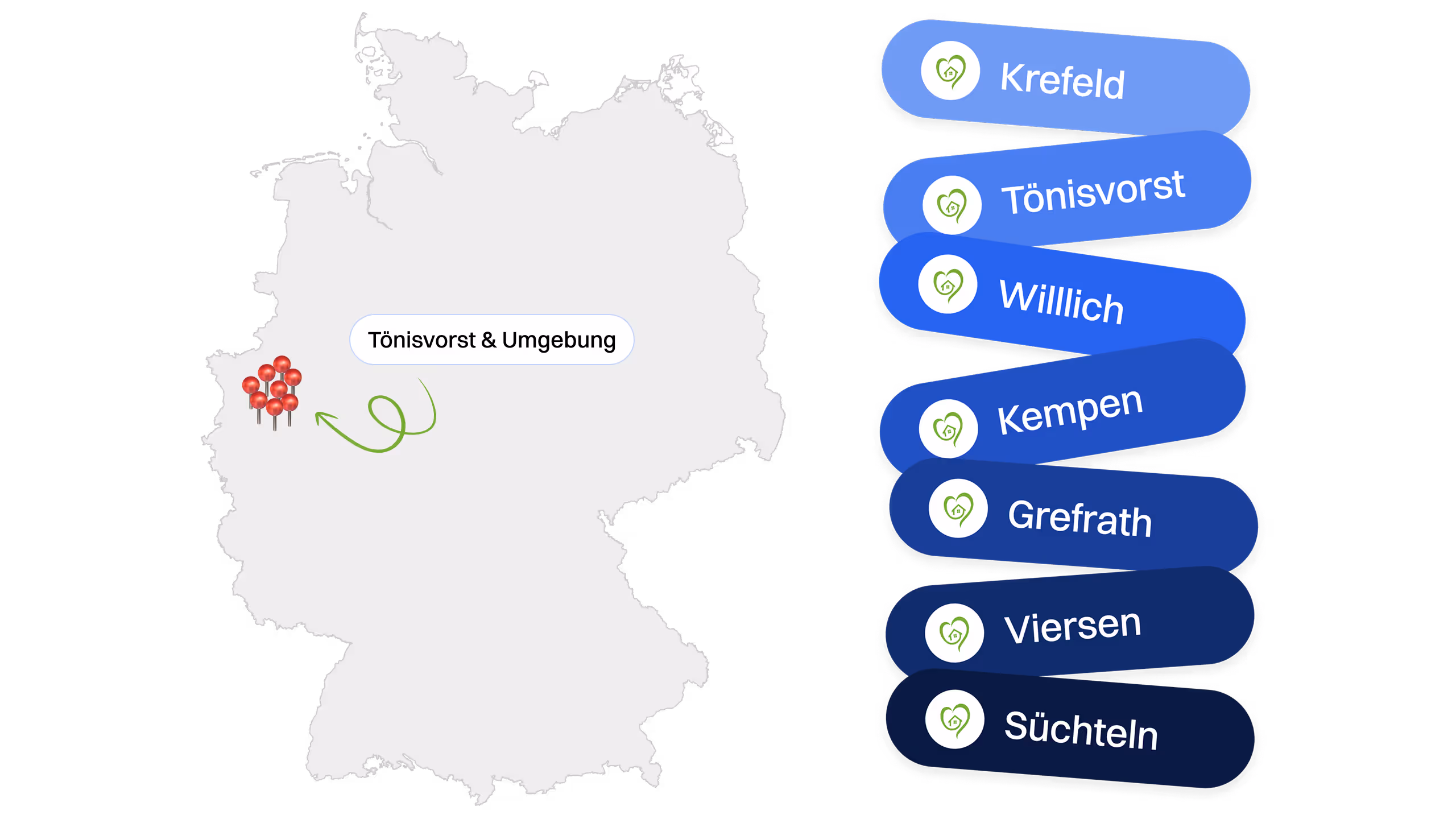 Ein Bild, auf dem sich auf der linken Seite der Umriss Deutschland befindet, wobei die Einsatzorte von Pflege Bella mit einem "Pin"-Symbol markiert sind, mit einem Hinweis "Tönisvorst & Umgebung". Auf der rechten Seite werden untereinander die Einsatzorte (Städte) aufgelistet in farbigen runden breiten Kasten.