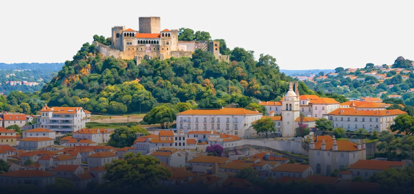 Vista panorámica de una animada ciudad con edificios de tejados rojos rodeados de verdes colinas.