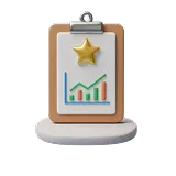 3D clay-style clipboard with a star and a bar chart illustration.