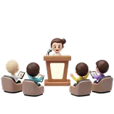 Illustration of a person speaking at a podium to an audience seated in chairs.