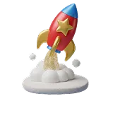 3D clay style red and blue rocket with a gold star launching from white cloud smoke on a round base.