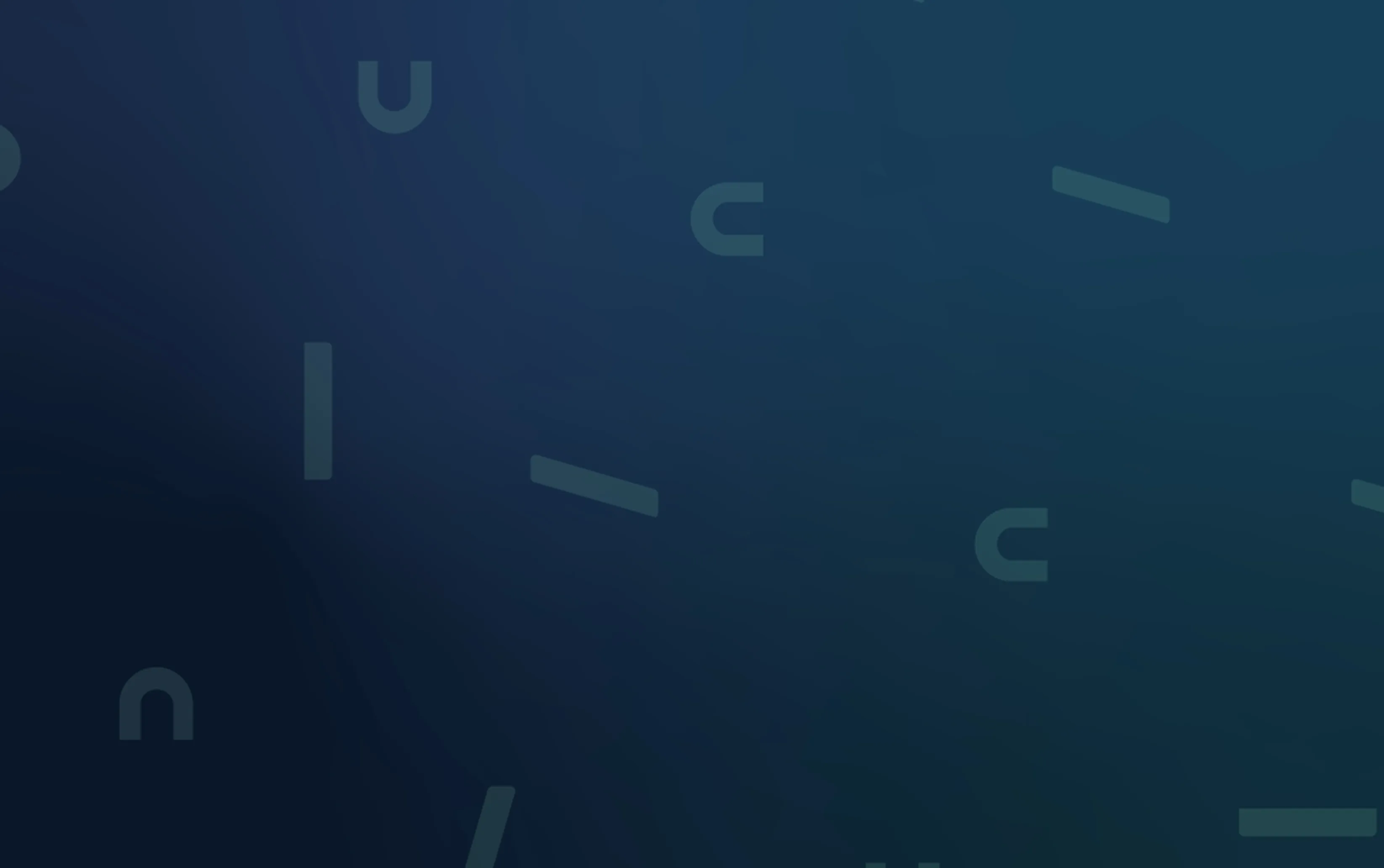 Dark blue background with scattered light blue abstract shapes resembling the letters U and I.