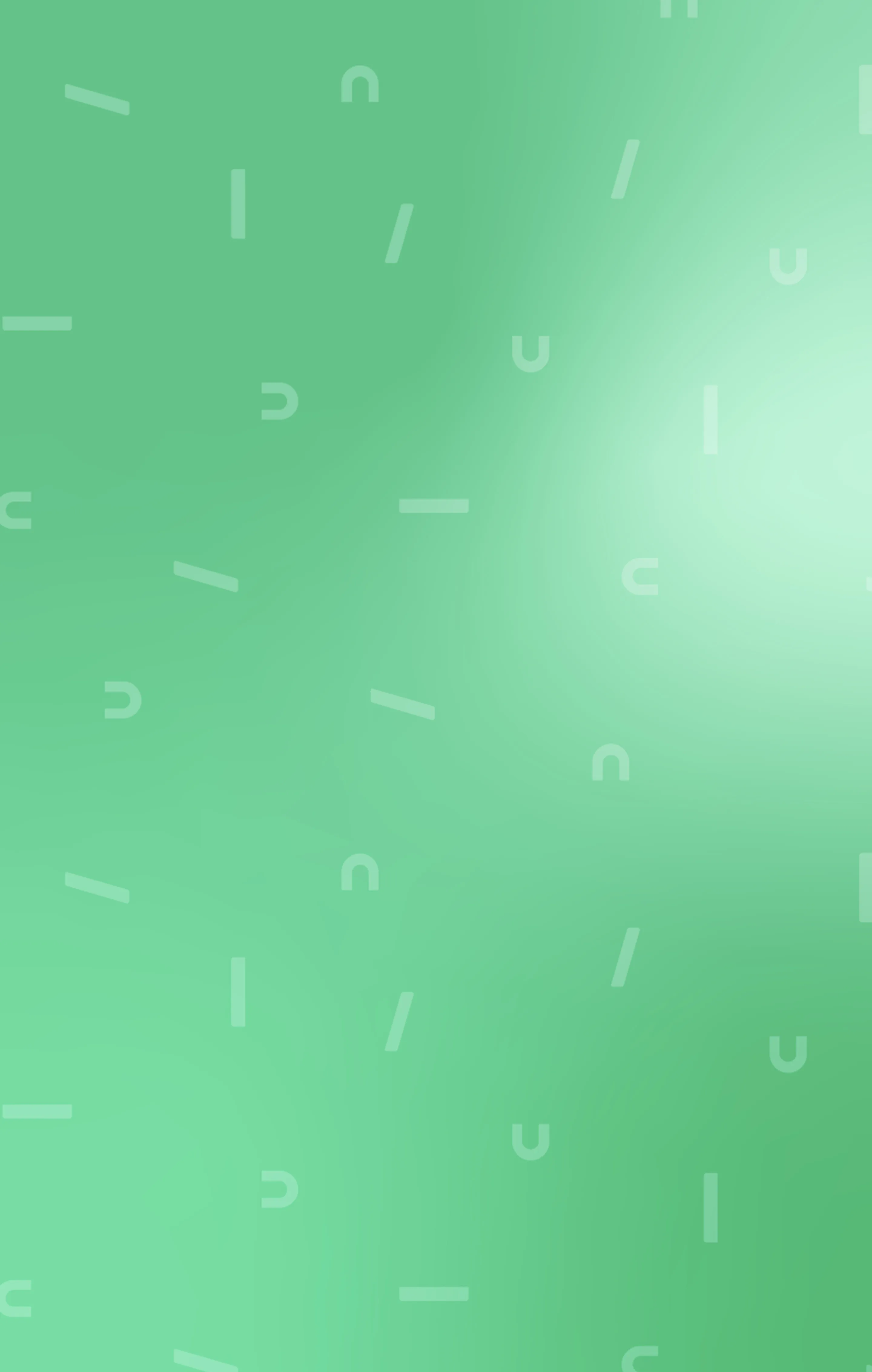 Abstract green background with scattered light green and white small geometric shapes resembling dashes and curved lines.