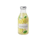 Glass bottle of lemonade with lemon slices and a label that reads 'Lemonade'.
