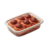 Plastic container with six meatballs and spaghetti in tomato sauce.