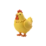 3D clay-style yellow chicken standing with red comb and orange feet.