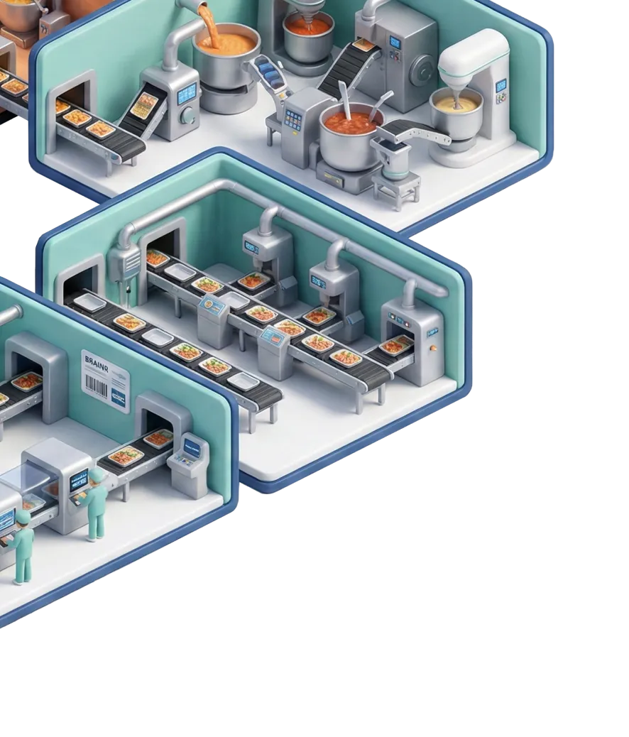 Isometric illustration of an automated food production line with machines mixing, cooking, and packaging ready meals on conveyor belts.