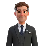 3D clay-style illustration of a smiling businessman wearing a dark suit and tie.