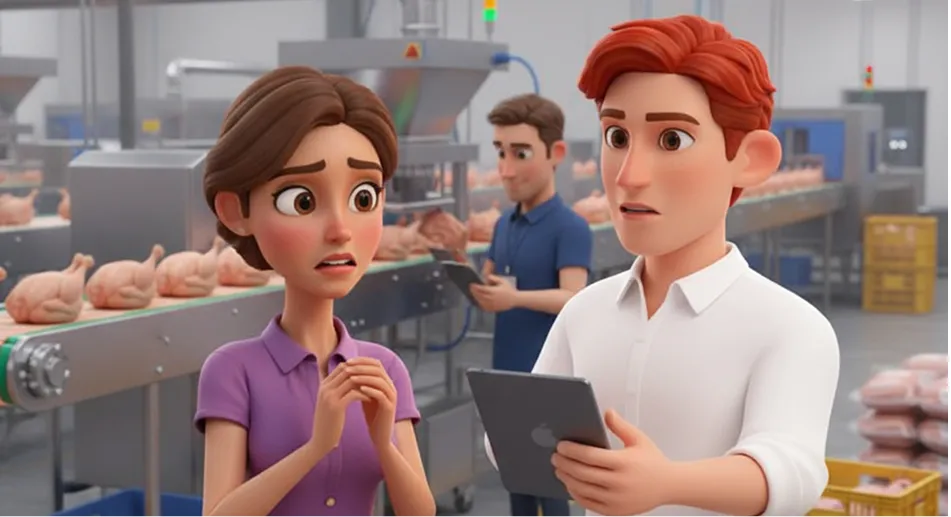 Animated woman with worried expression and man holding a tablet in a poultry processing factory with chickens on conveyor belts in the background.