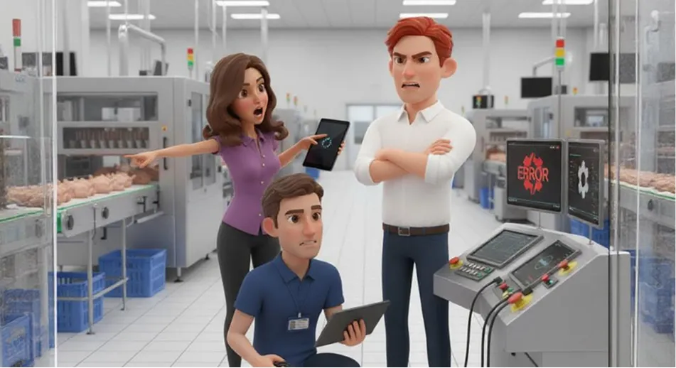 Three animated factory workers examining machinery with error messages on screens inside a production facility.