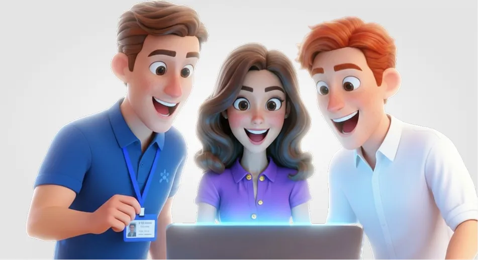 Three animated characters excitedly looking at a glowing laptop screen.