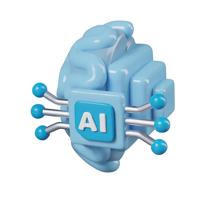 Blue 3D stylized brain with a processor chip labeled 'AI' connected by metallic rods ending in blue spheres.
