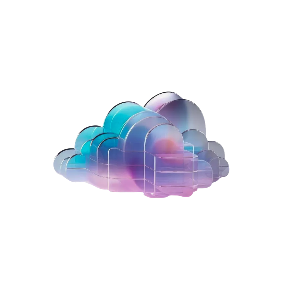 3D translucent cloud shapes with a gradient of blue, purple, and pink hues overlapping each other.